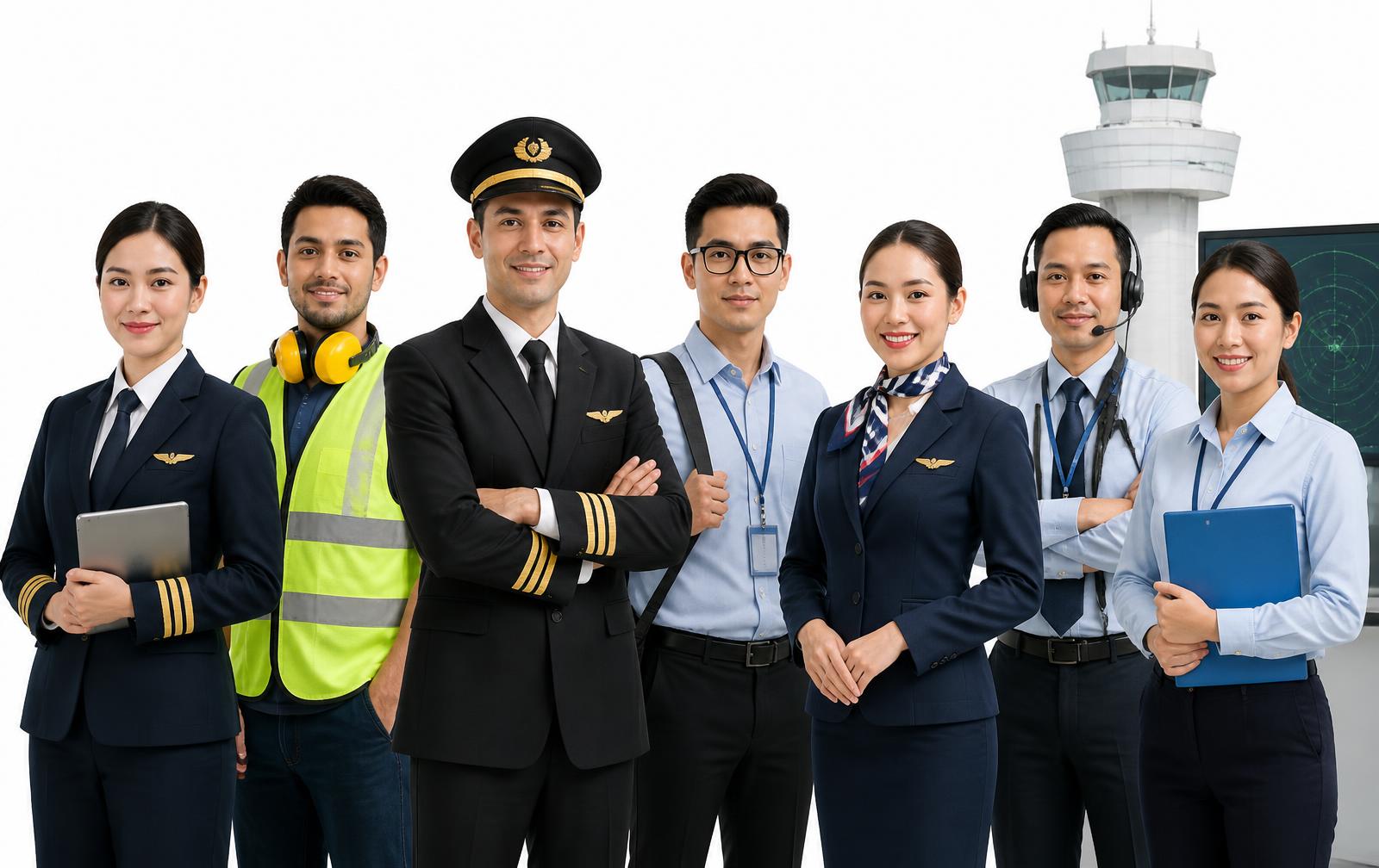 Aviation professionals: pilots, engineers, cabin crew and air traffic controllers